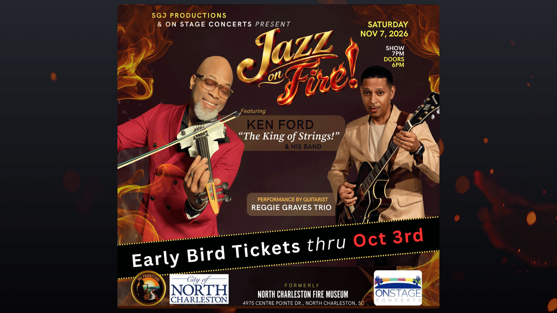 Man in red suit playing white electric violin smiles. Man in tan suit plays brown guitar. Jazz on Fire concert poster with golden flames and early bird ticket offer until October 3, 2026. Event Saturday, November 7, 2026.