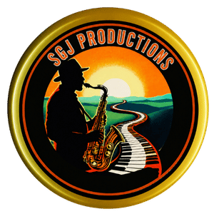 SGJ Productions man in hat playing sax with piano key road in background and setting sun with green meadow