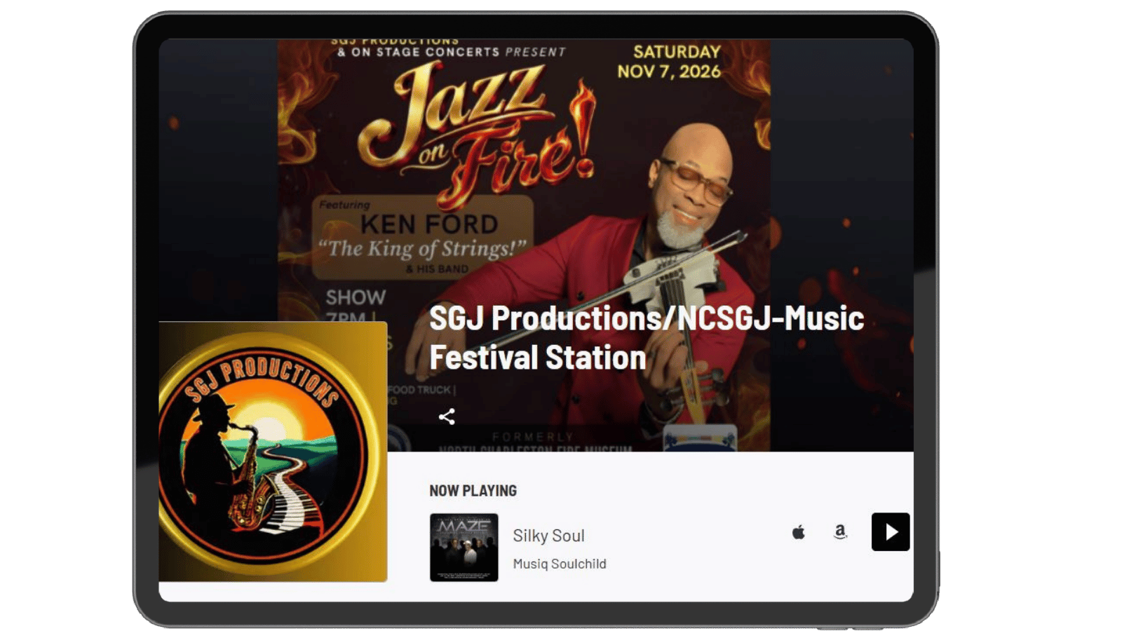 SGJ Productions Live365 image of radio player with gold and black logo and man playing electric violin