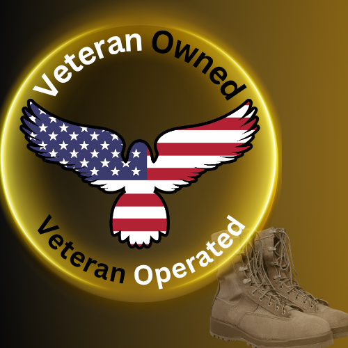 A logo featuring an eagle with American flag design in the wings, surrounded by a glowing yellow circle, with the words 'Veteran Owned' and 'Veteran Operated'.