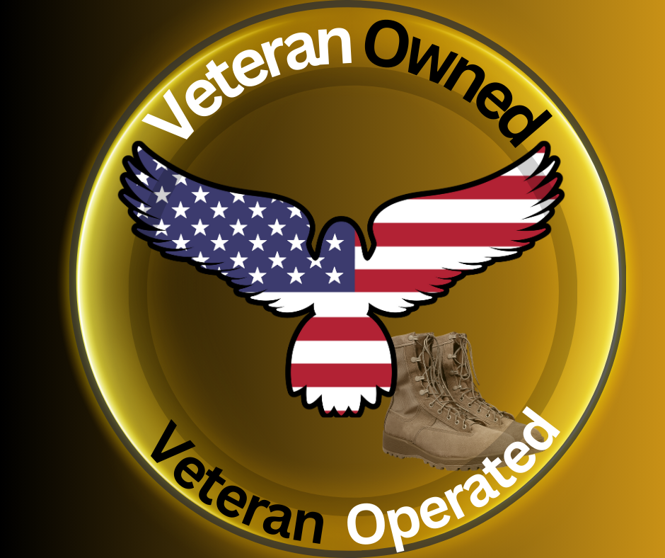 A circular badge with the American flag eagle in the center, surrounded by the text 'Veteran Owned Veteran Operated' in black and white on a gold background. There is also a tan military boot near the bottom of the eagle.