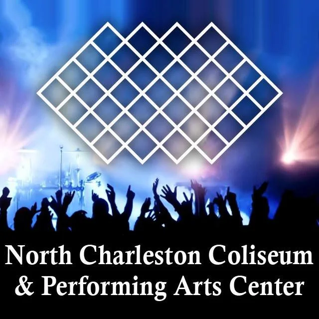 Graphic of a concert or event with a stage, audience raising their hands, and a geometric white diamond pattern overlay. Text reads "North Charleston Coliseum & Performing Arts Center."