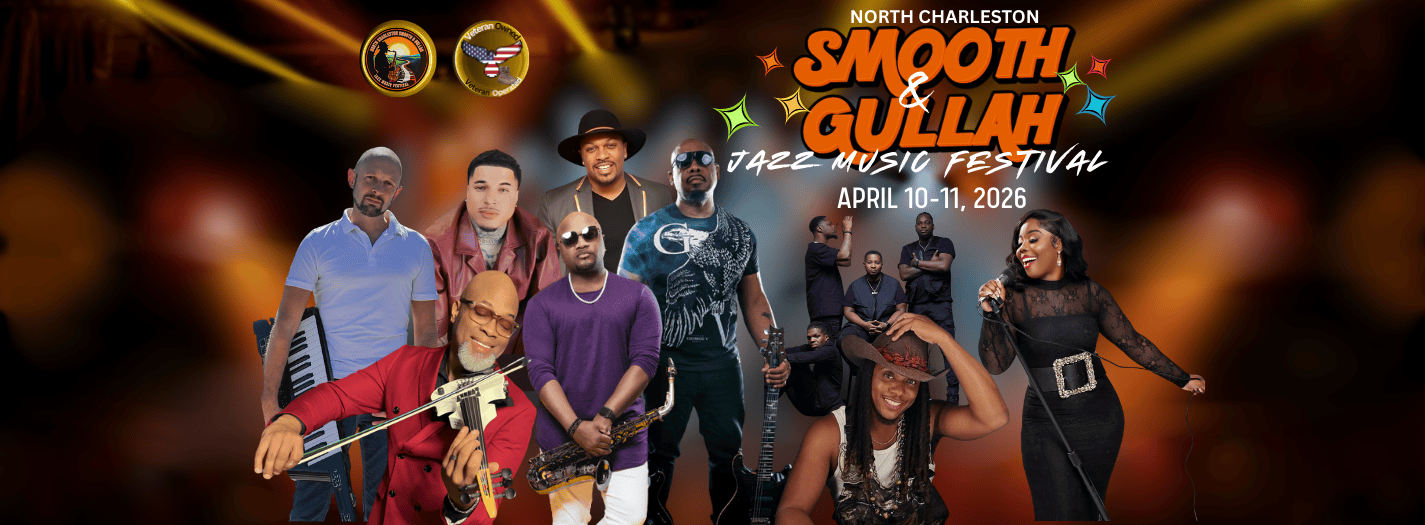 Poster for the North Charleston Smooth & Gullah Jazz Music Festival, held April 10-11, 2026. Features images of multiple musicians and performers, with event logos and colorful graphics.