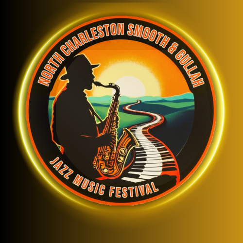 Logo for the North Charleston Smooth & Gullah Jazz Music Festival featuring a silhouette of a man playing a saxophone, with a river, mountains, and sunset in the background, and a circular border with festival name text.