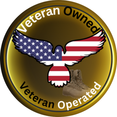 A circular emblem with a bald eagle with American flag wings and tail, a military boot, and text stating 'Veteran Owned' and 'Veteran Operated' on a gold background.
