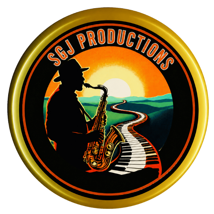 SGJ Productions logo man in hat playing sax with piano key road green fields and sunset in background