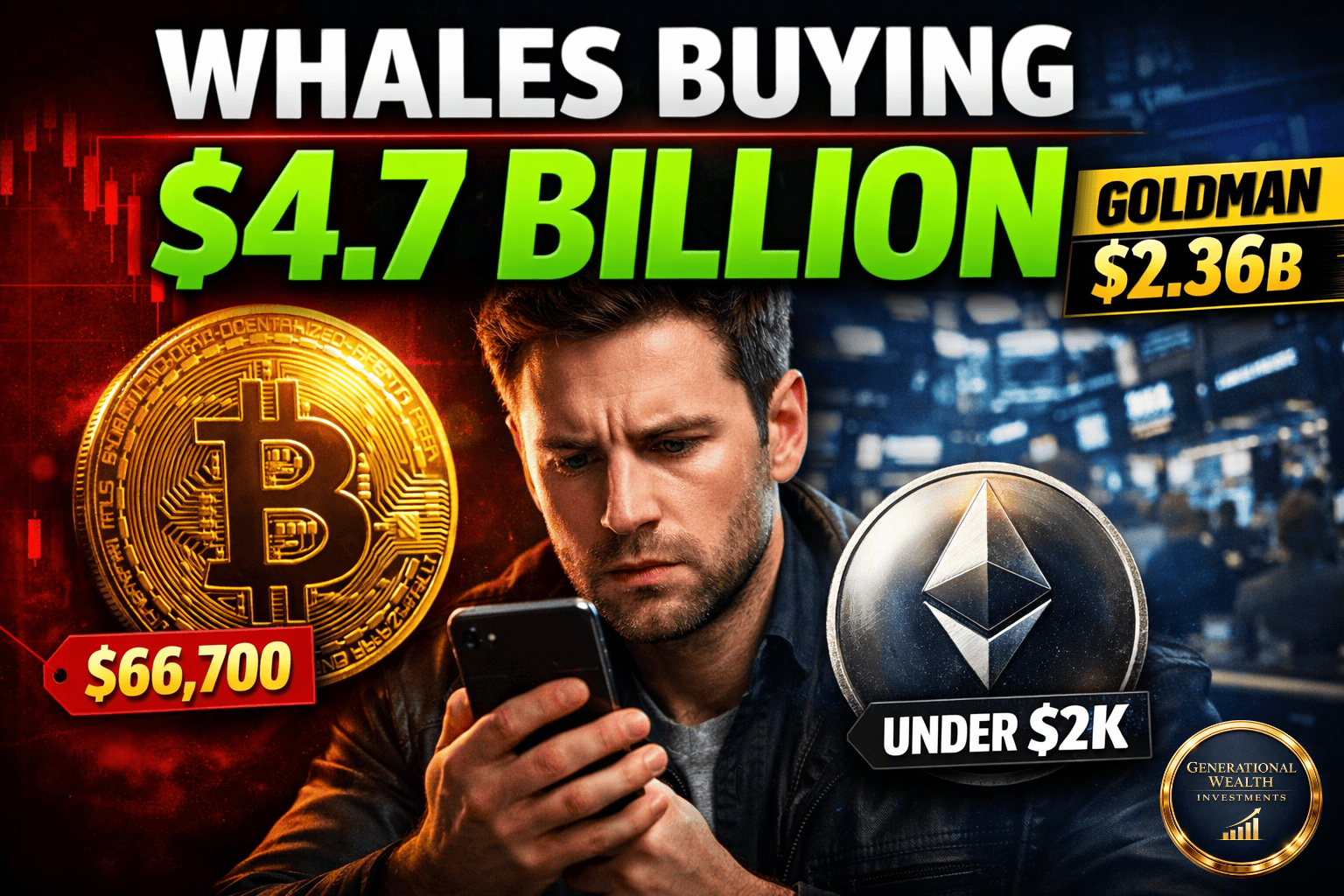 Bitcoin Whales Accumulate $4.7B as BTC Falls to $66,700, Ethereum Drops Below $2,000 &amp; Goldman Sachs Reveals $2.36B Crypto ETF Exposure