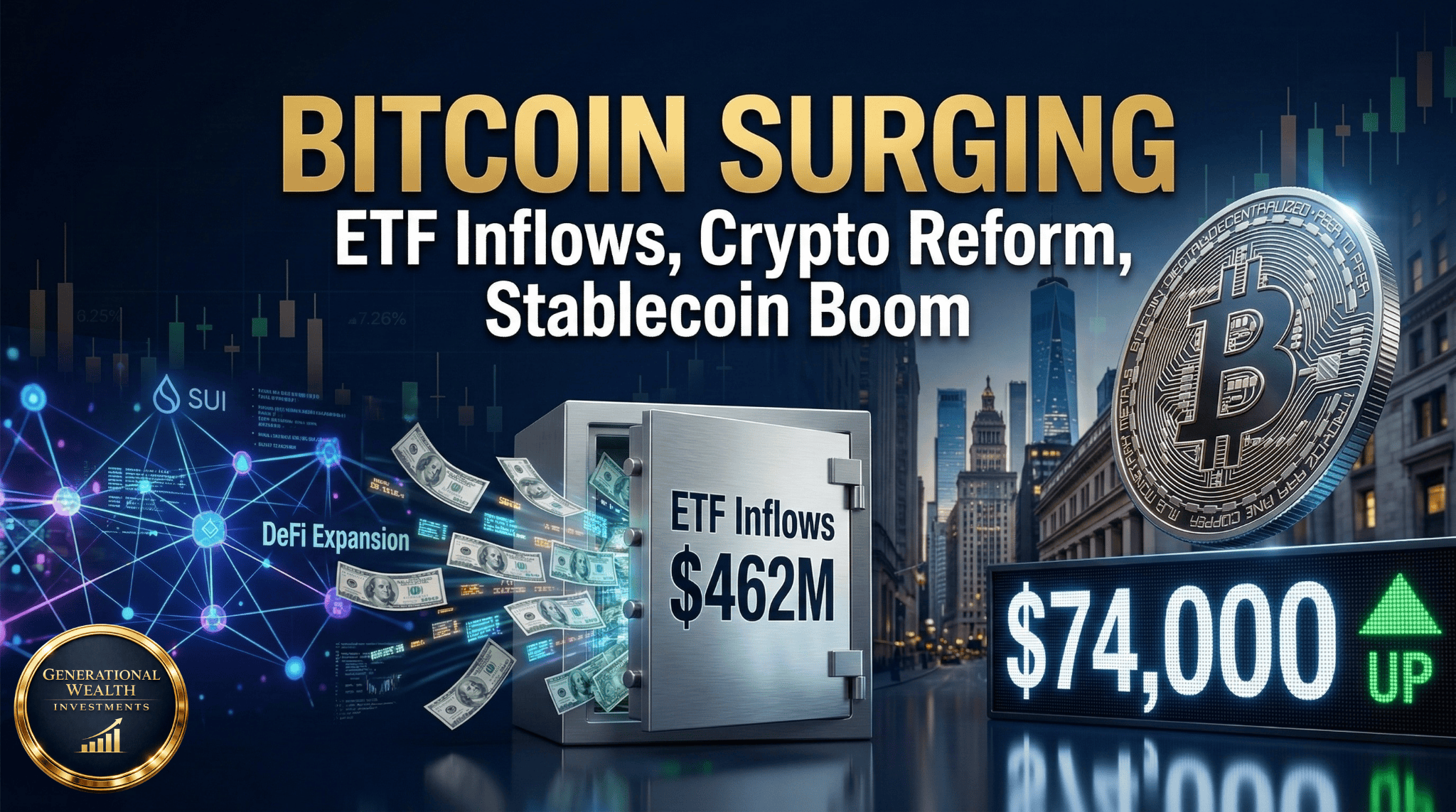 Bitcoin Surges Toward $74K as ETF Inflows Explode, Trump Pushes Crypto Reform, and Sui Launches Stablecoin