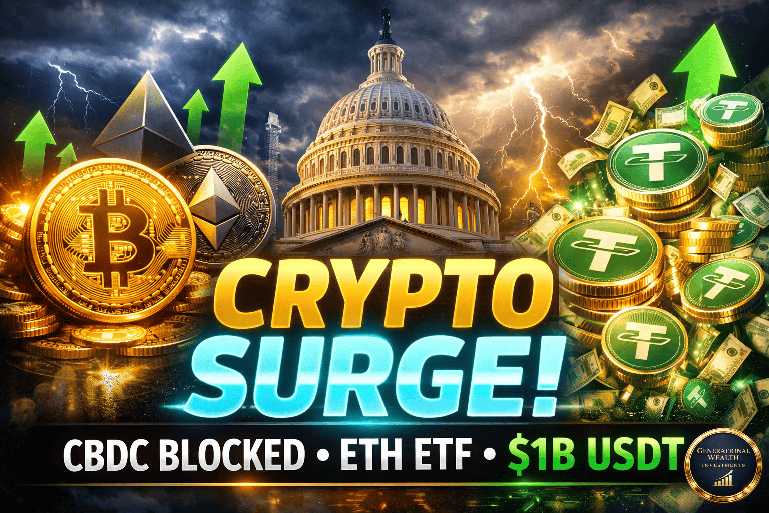 Senate Blocks Fed CBDC Until 2030, BlackRock Launches Staked Ethereum ETF, and $1B USDT Liquidity Surge Signals Bullish Momentum