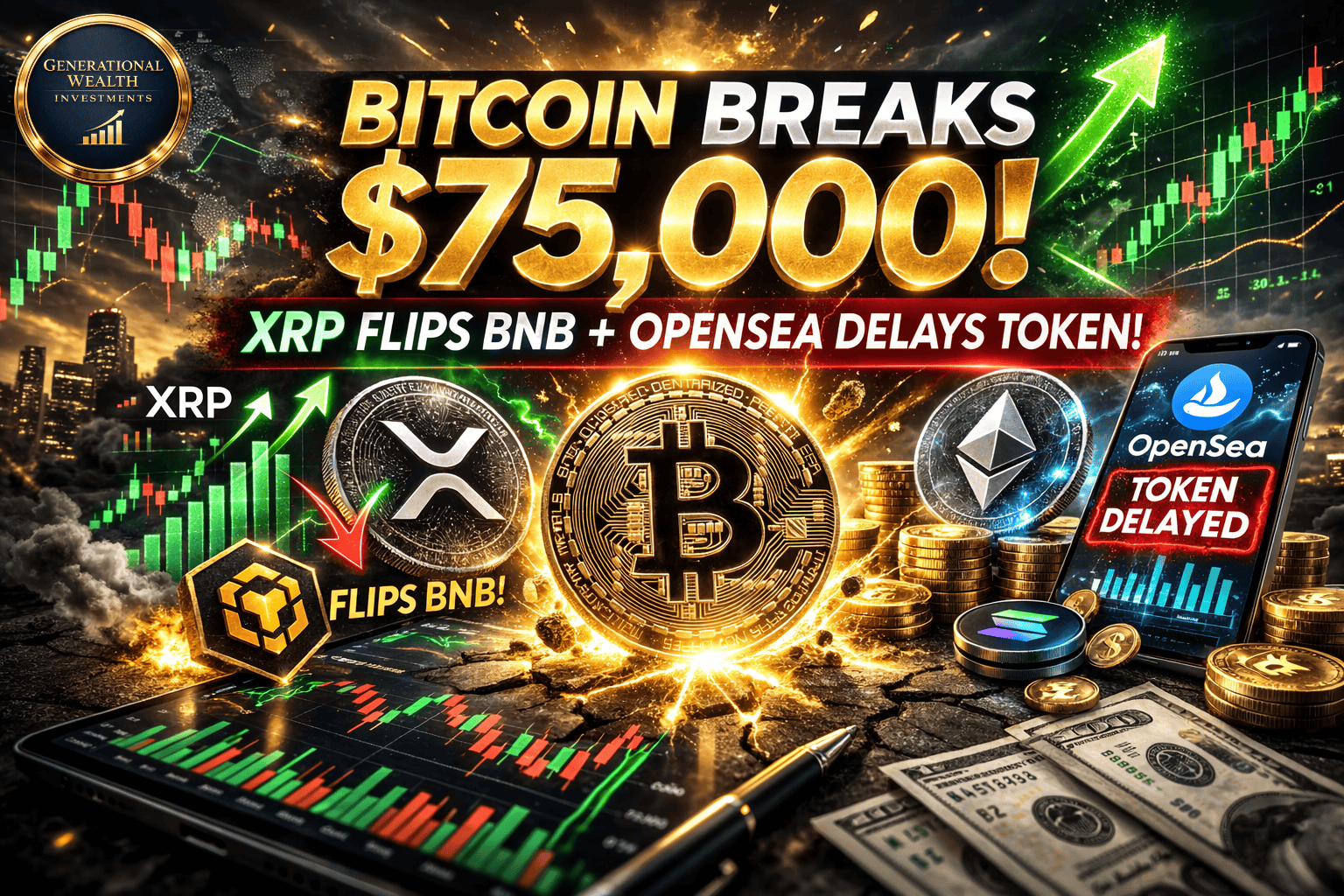Bitcoin Breaks $75,000, XRP Flips BNB, and OpenSea Delays Token Launch — Crypto Market Update