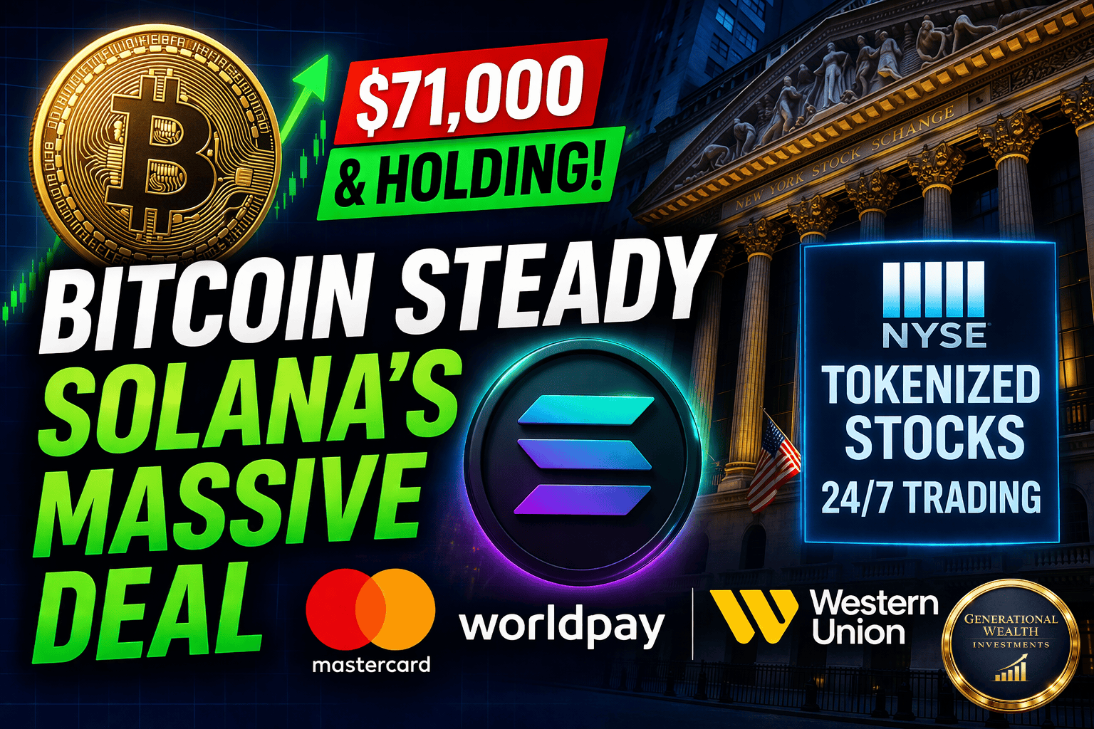 Bitcoin Holds Above $71,000 as Solana Partners with Mastercard and NYSE Moves Into Tokenized Securities