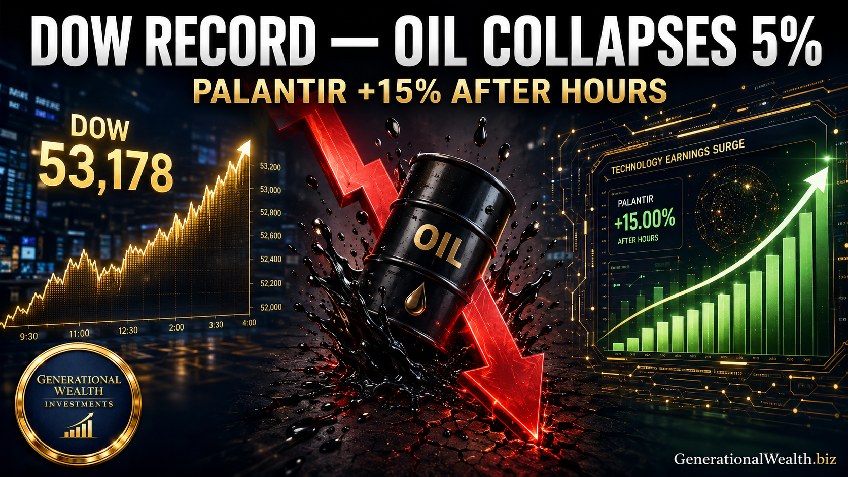 Dow Closes at Record 53,178 as Oil Collapses 5% — Palantir Explodes, AstraZeneca Crashes 9%