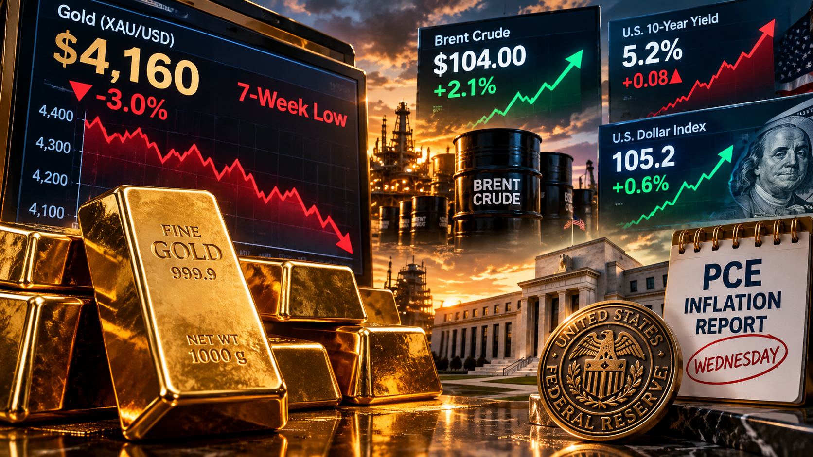 Gold Drops 3% as Oil Surges Ahead of PCE Inflation