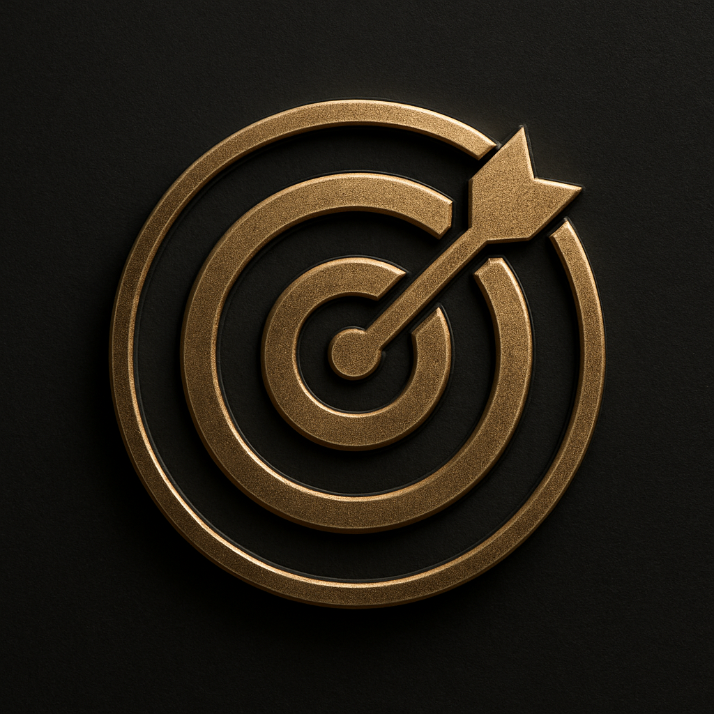 Gold-colored target with an arrow hitting the bullseye on a black background.