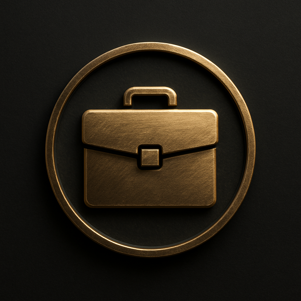 A gold-colored metal emblem featuring a briefcase encircled by a ring, set against a dark background.