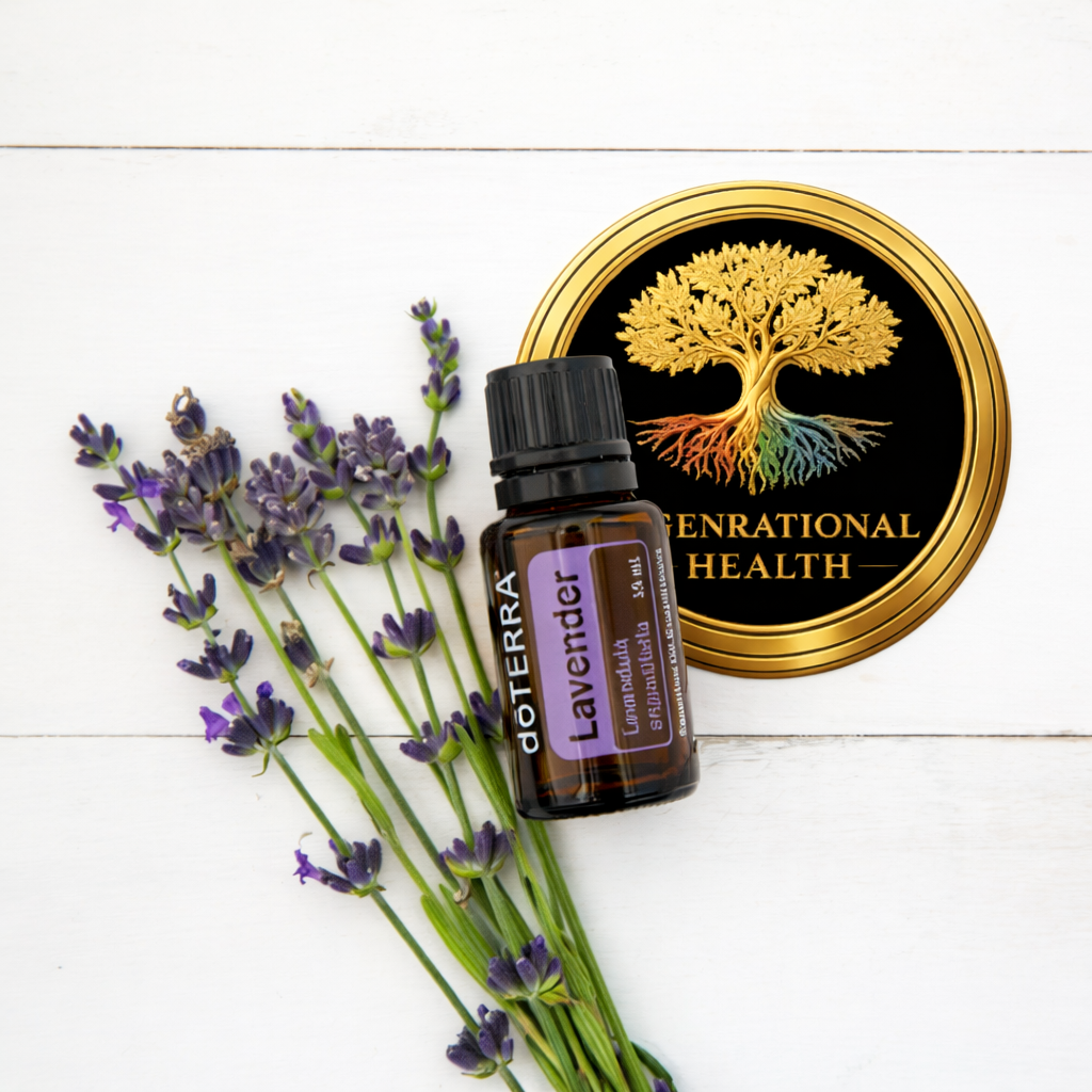 A bunch of lavender flowers, a small bottle of lavender essential oil, and a round gold and black emblem with a tree and the words "Generational Health" on a white wooden surface.