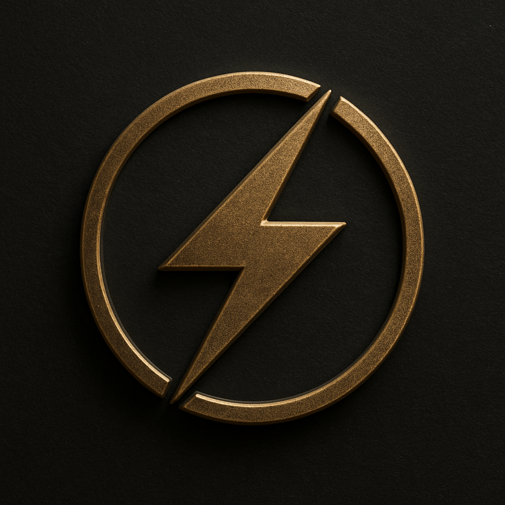 A gold emblem of a lightning bolt inside a circle on a dark background.