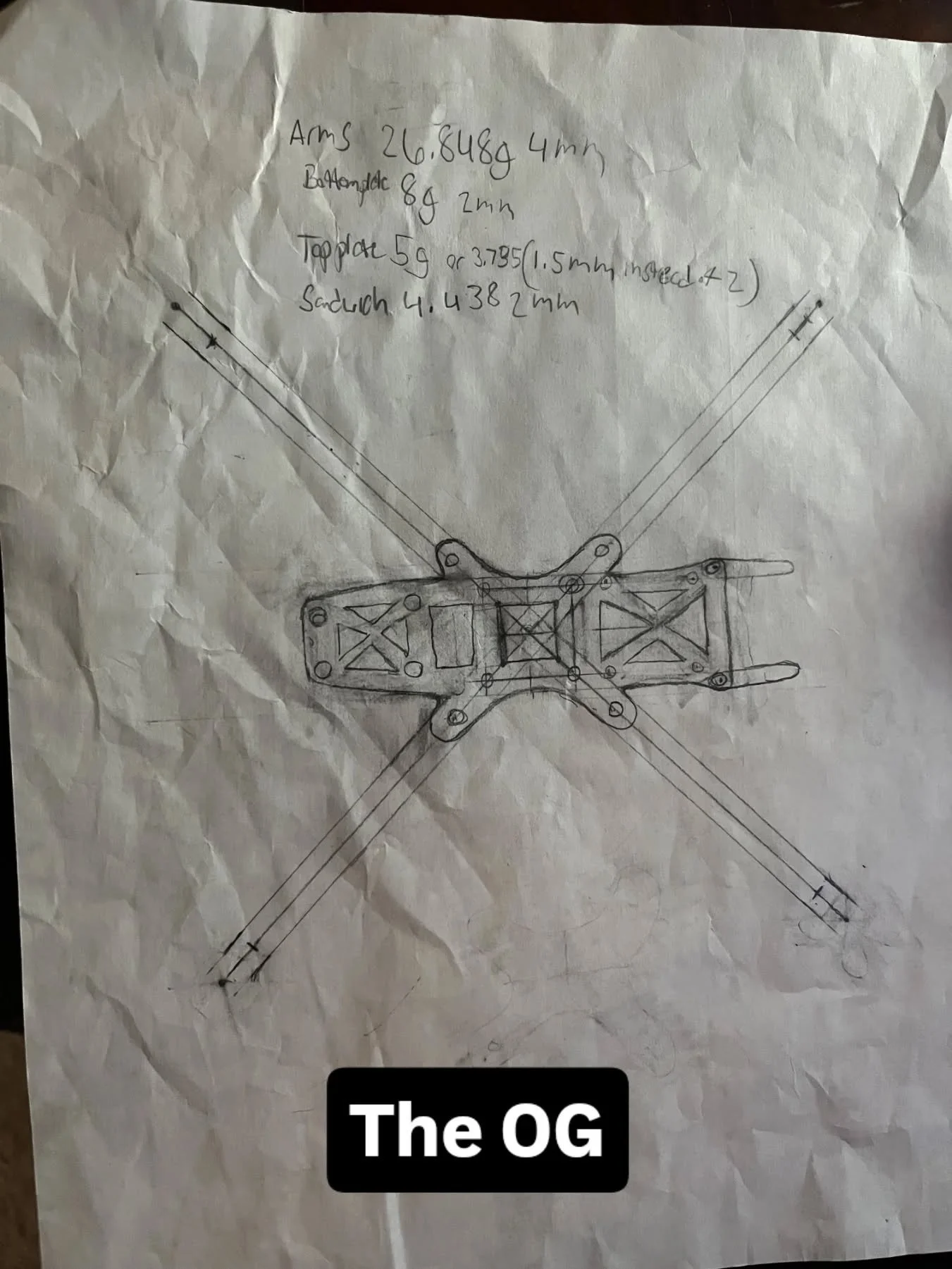 The original drawing for my drone frame back in highschool.