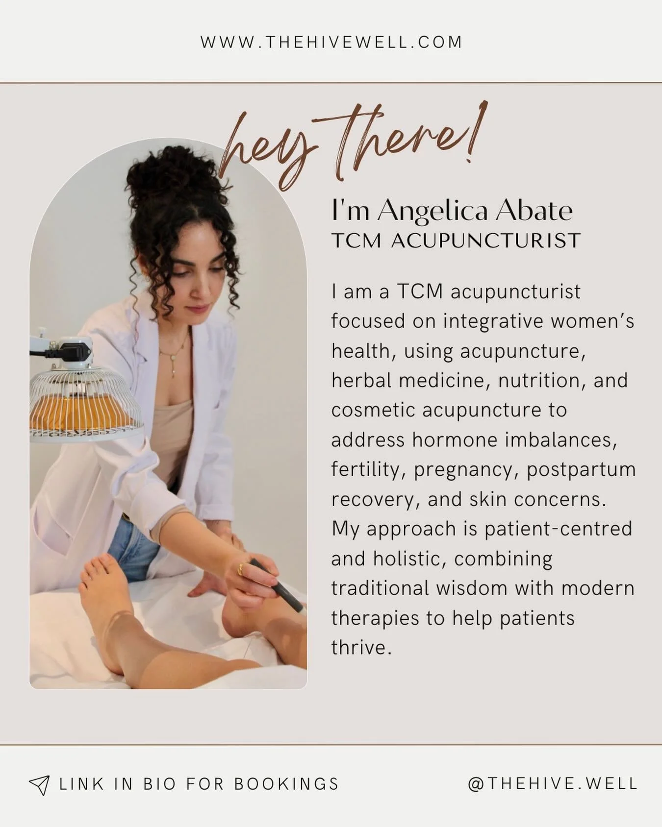 We&rsquo;re thrilled to welcome Angelica Abate, R.Ac., RHN to the team! 

Angelica brings her passion for women&rsquo;s health, fertility, pregnancy care, and holistic beauty to our clinic. Her integrative approach blends acupuncture, TCM, cosmetic r