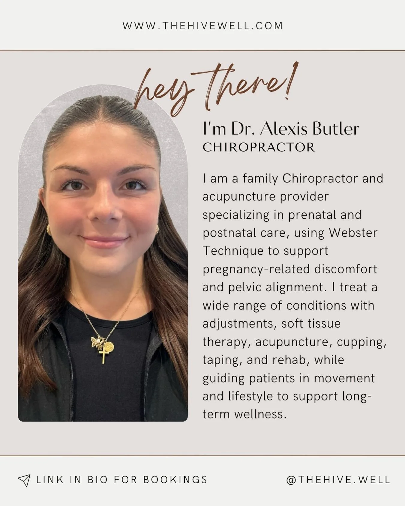 ✨ Welcome Dr. Alexis to The Hive Wellness Collective ✨
We are thrilled to welcome Dr. Alexis, Family Chiropractor &amp; Acupuncture Provider, to our growing team.

With a special focus in prenatal + postnatal care, she is Webster Technique certified 