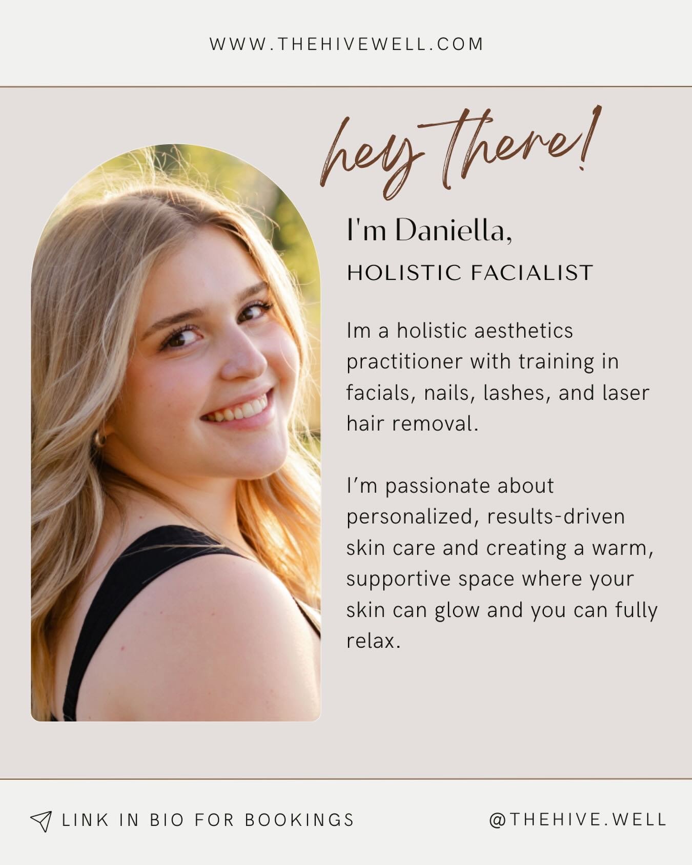 Introducing Daniella to our Aesthetics Team 🐝

Daniella is an aesthetics professional with over three years of experience and advanced training across multiple disciplines &mdash; 
including facials, lash extensions, nail care, and medical-grade las