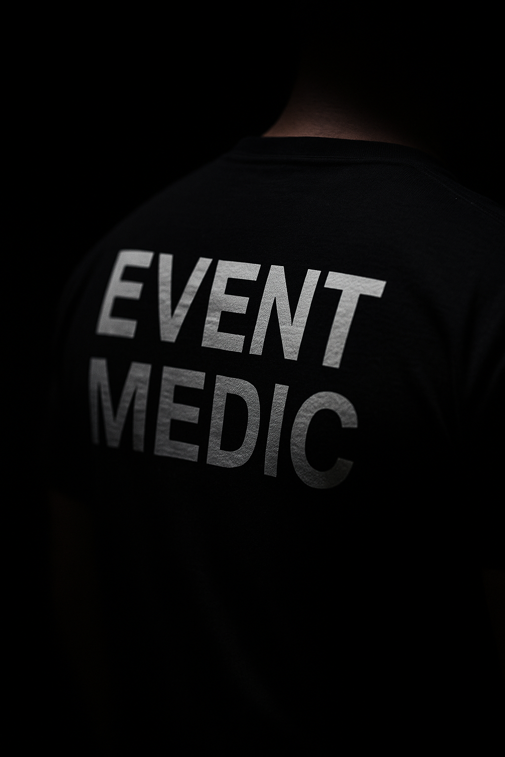 Person wearing a black shirt with white text that says 'Event Medic', in a dark environment.