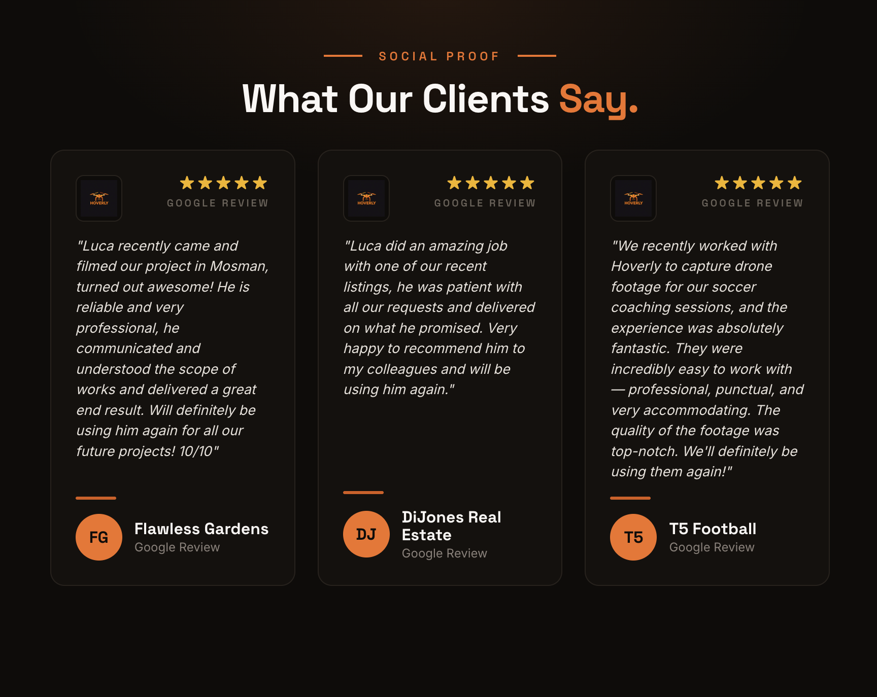 Three customer testimonials with five-star reviews on a dark background, each featuring a logo, name, and review text, related to drone services like videography, real estate, and sports footage.