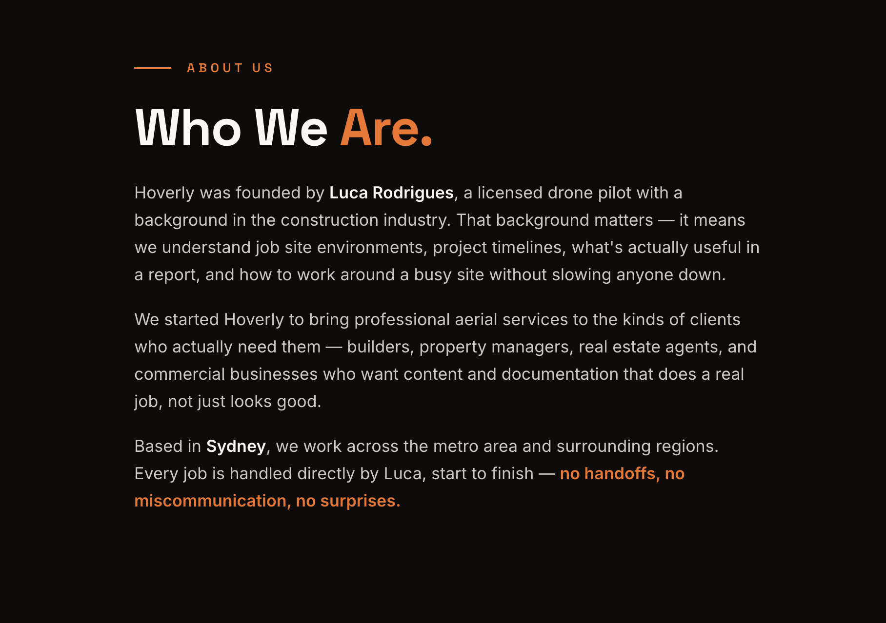 A web page section titled 'Who We Are' with introductory text about Hoverly, a drone pilot company founded by Luca Rodrigues, based in Sydney, providing professional aerial services for construction and real estate clients, emphasizing clear communication and project execution.