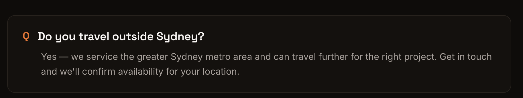 A website chat window with a question about traveling outside Sydney and a response offering service for the greater Sydney metro area.