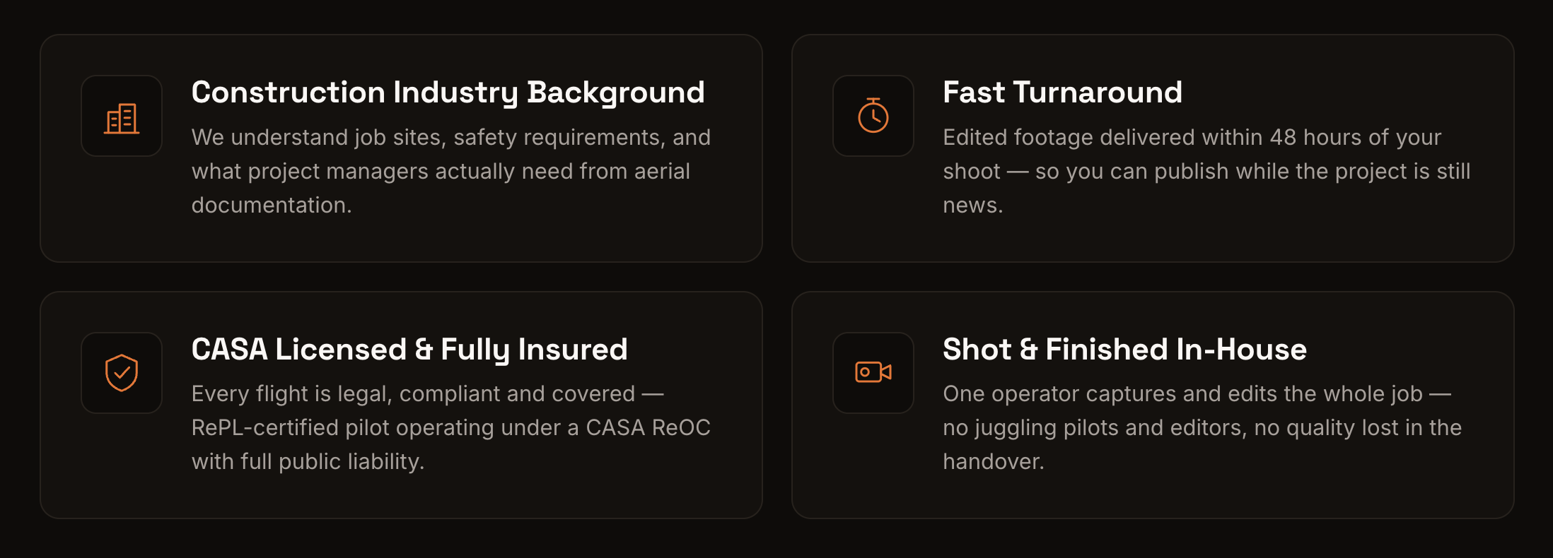 A dark-themed webpage section with four blocks of text, each with an icon. The blocks talk about construction industry background, fast turnaround, CASA licensing and insurance, and shot and finished in-house.