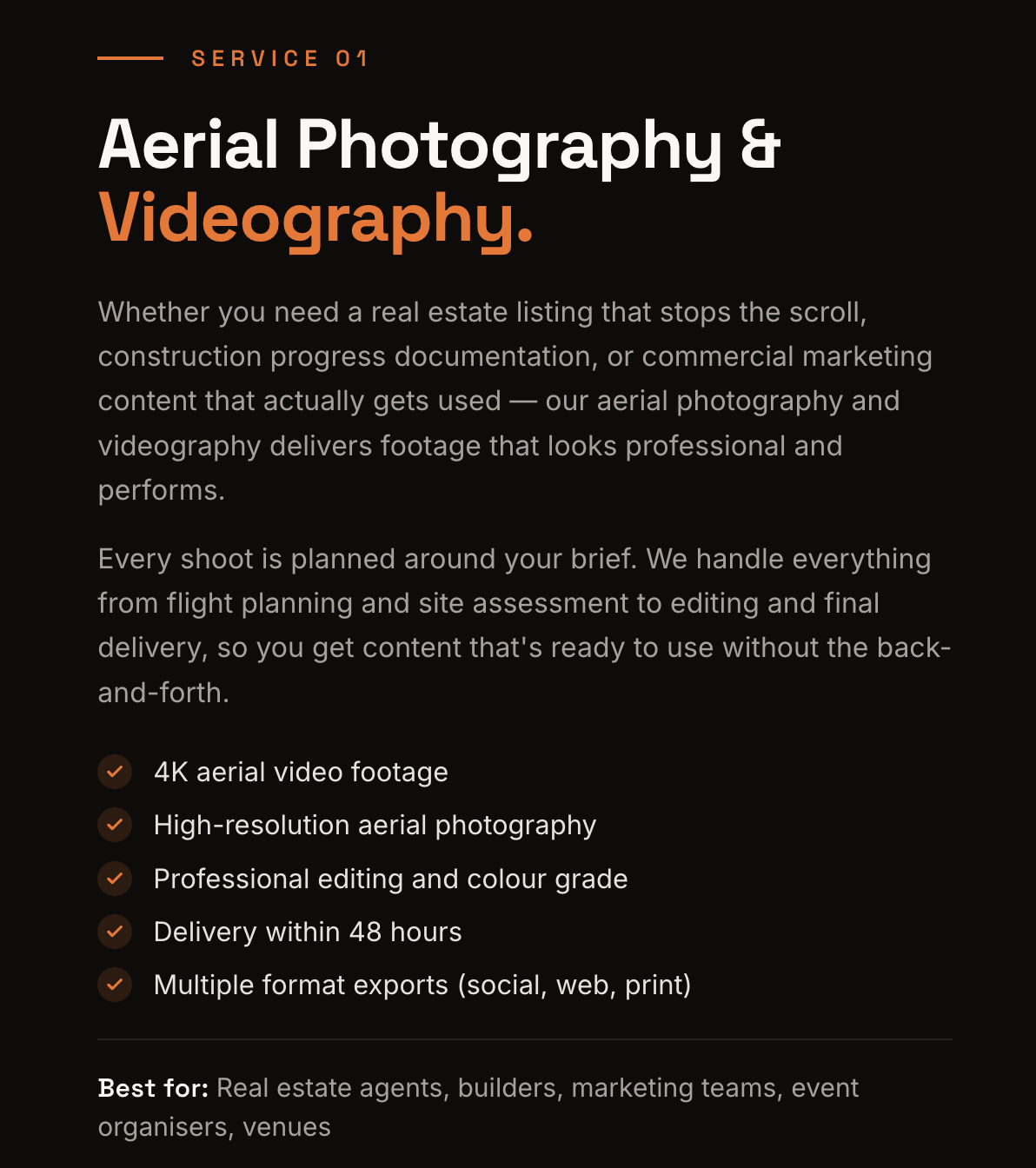 Advertisement for aerial photography and videography services, highlighting 4K video, high-resolution photos, professional editing, fast delivery, and multiple formats, aimed at real estate agents, builders, marketers, event organizers, and venues.