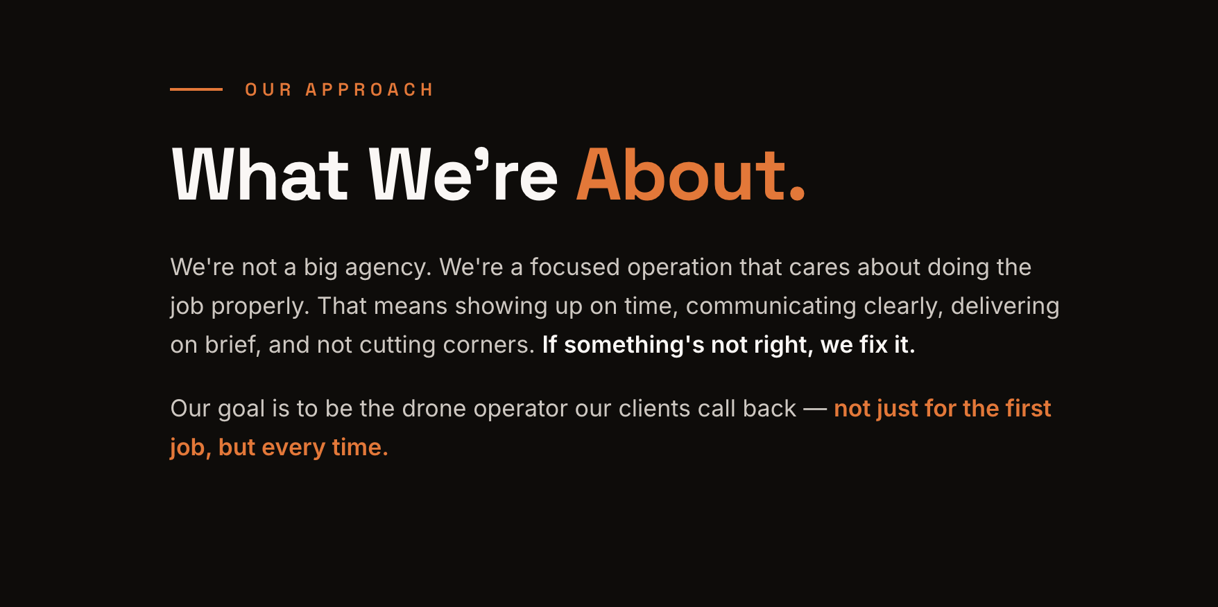 Web page with the heading 'What We're About.' and text describing a focused operation that cares about quality, emphasizing timely communication and fixing issues, with a goal for repeat client calls.