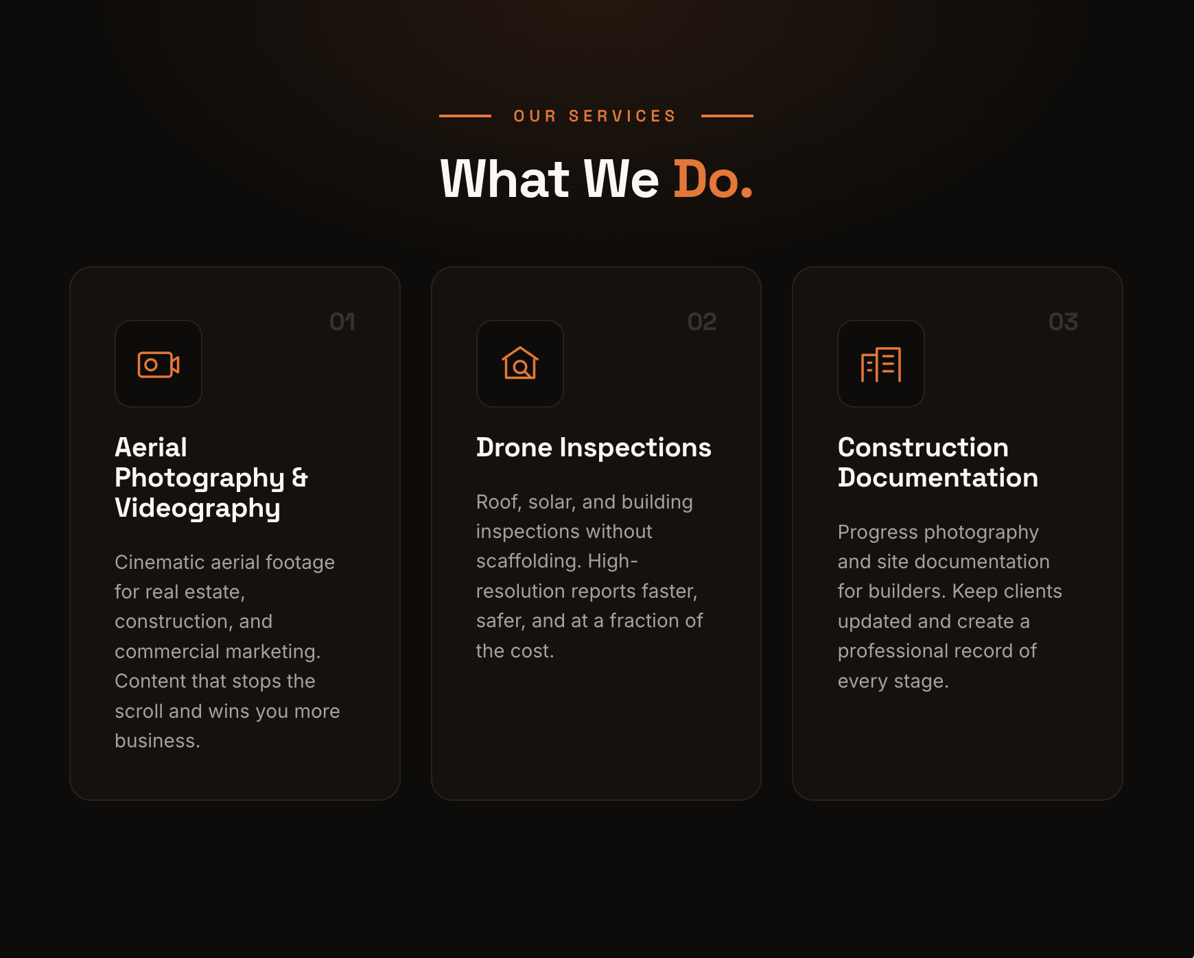 A website section titled "What We Do" displaying three service categories: Aerial Photography & Videography, Drone Inspections, and Construction Documentation, each with icons and descriptions.