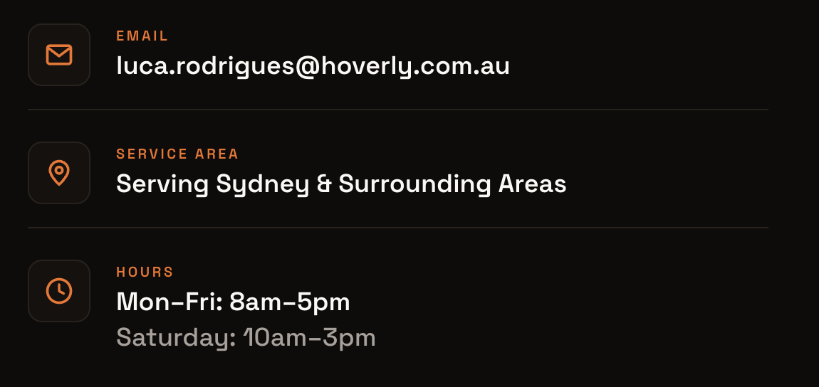 Contact information for a service, including email address, service area, and hours of operation.