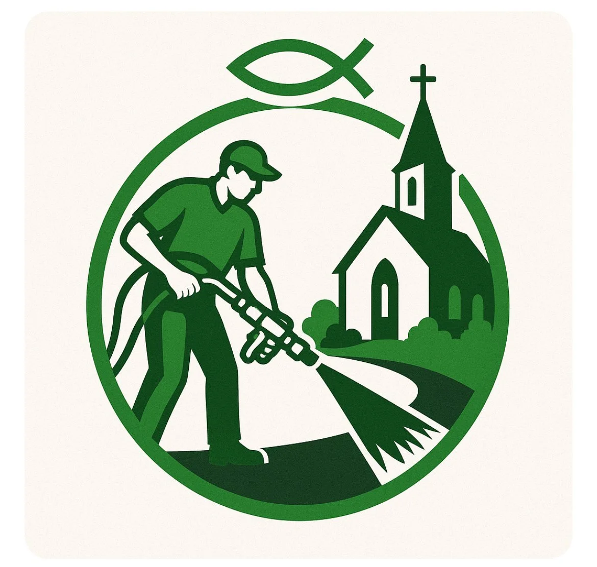 A green logo featuring a person using a weed sprayer in front of a church with a cross on top, with a fish symbol above.