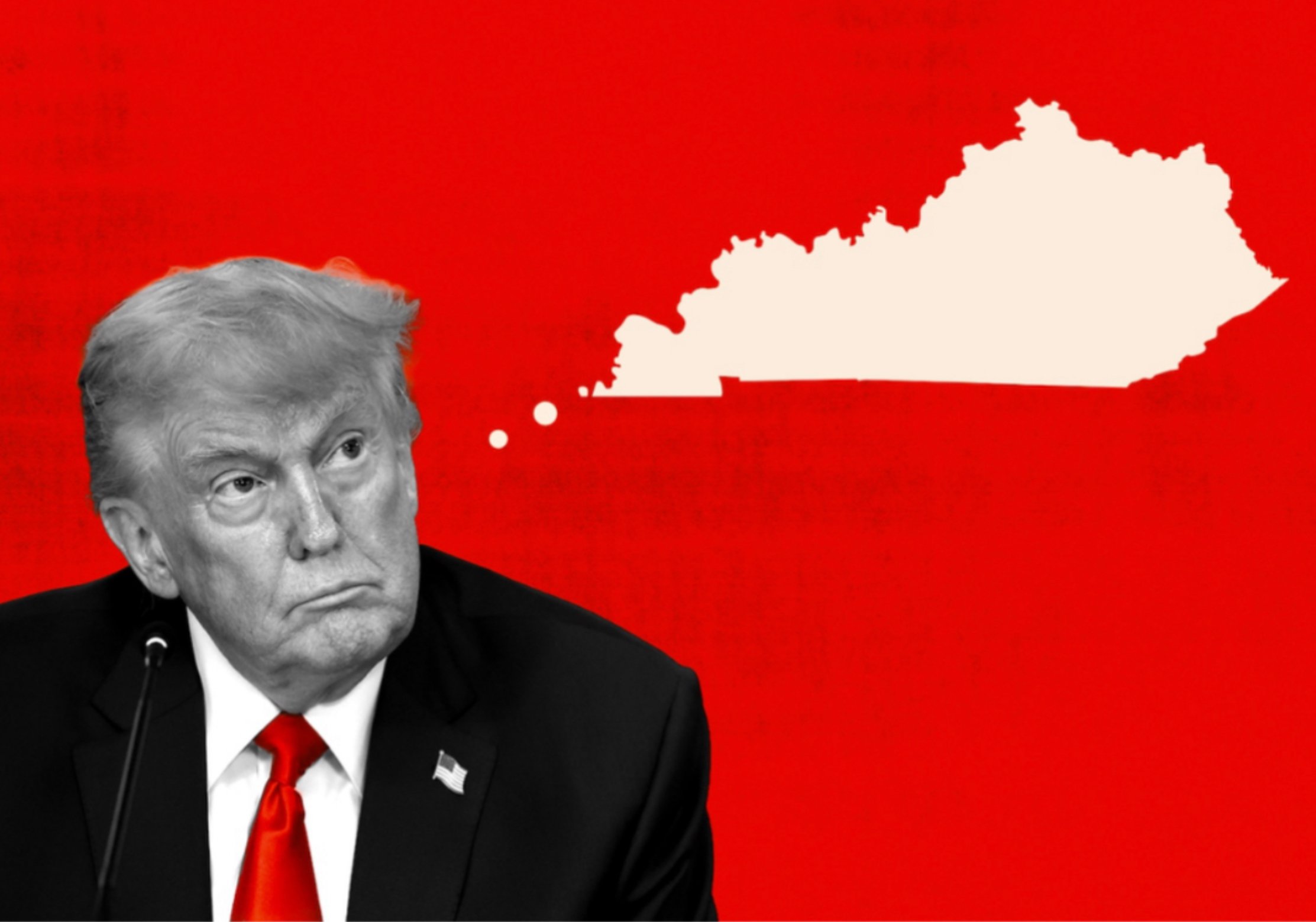 Black and white image of Donald Trump with an expressionally contemplative look, wearing a suit, white shirt, and red tie, with a small American flag lapel pin, against a red background with a silhouette of Kentucky and a thought bubble.