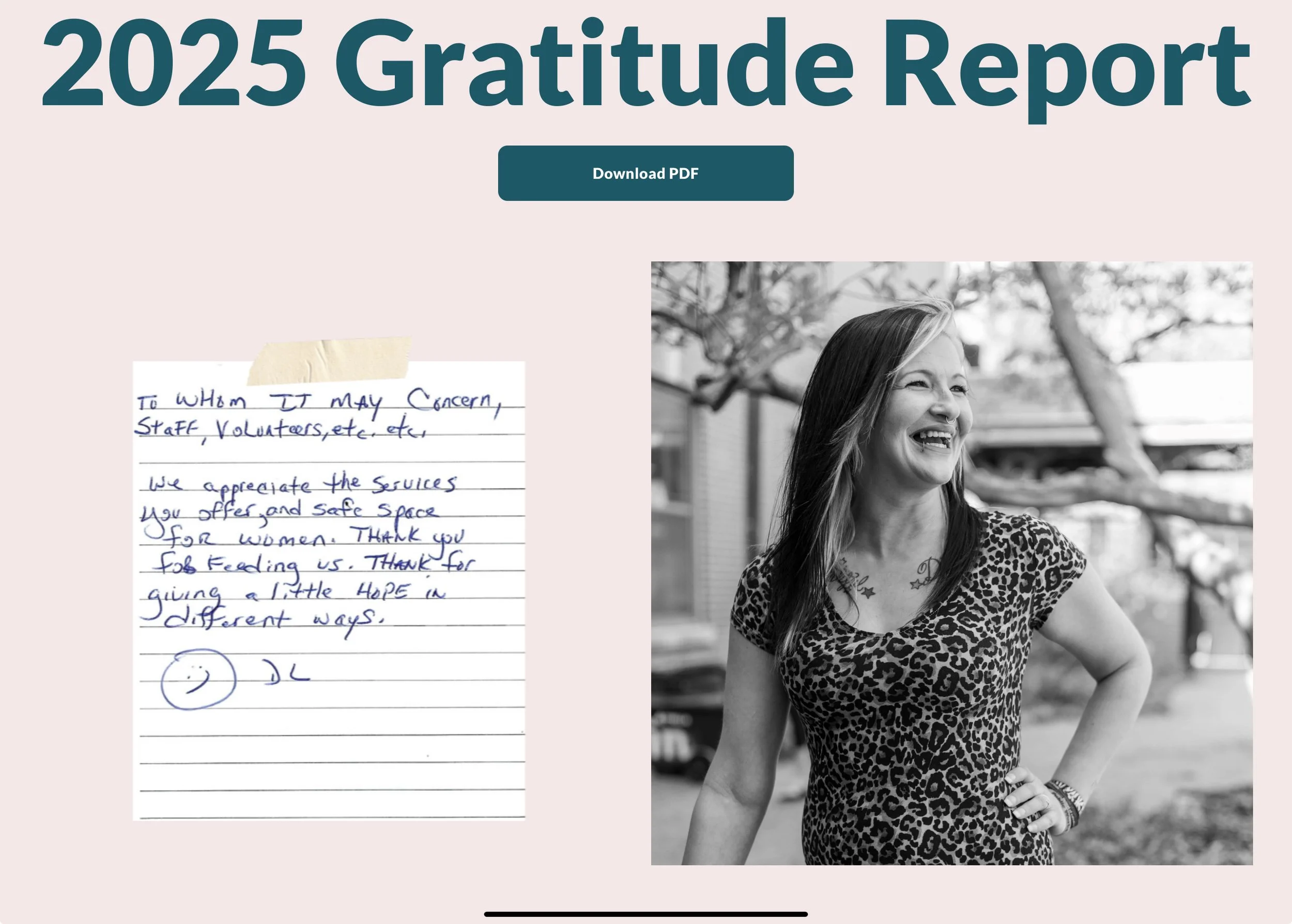 A webpage titled '2025 Gratitude Report' featuring a handwritten note on lined paper and a black-and-white photo of a smiling woman with long hair, wearing a leopard print shirt, standing outdoors with trees in the background.