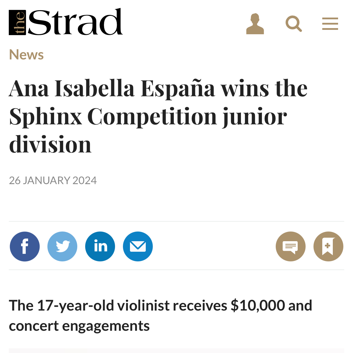Screenshot of a news article from The Strad website, featuring a headline about 17-year-old violinist Ana Isabella España winning the Sphinx Competition junior division, dated January 26, 2024.
