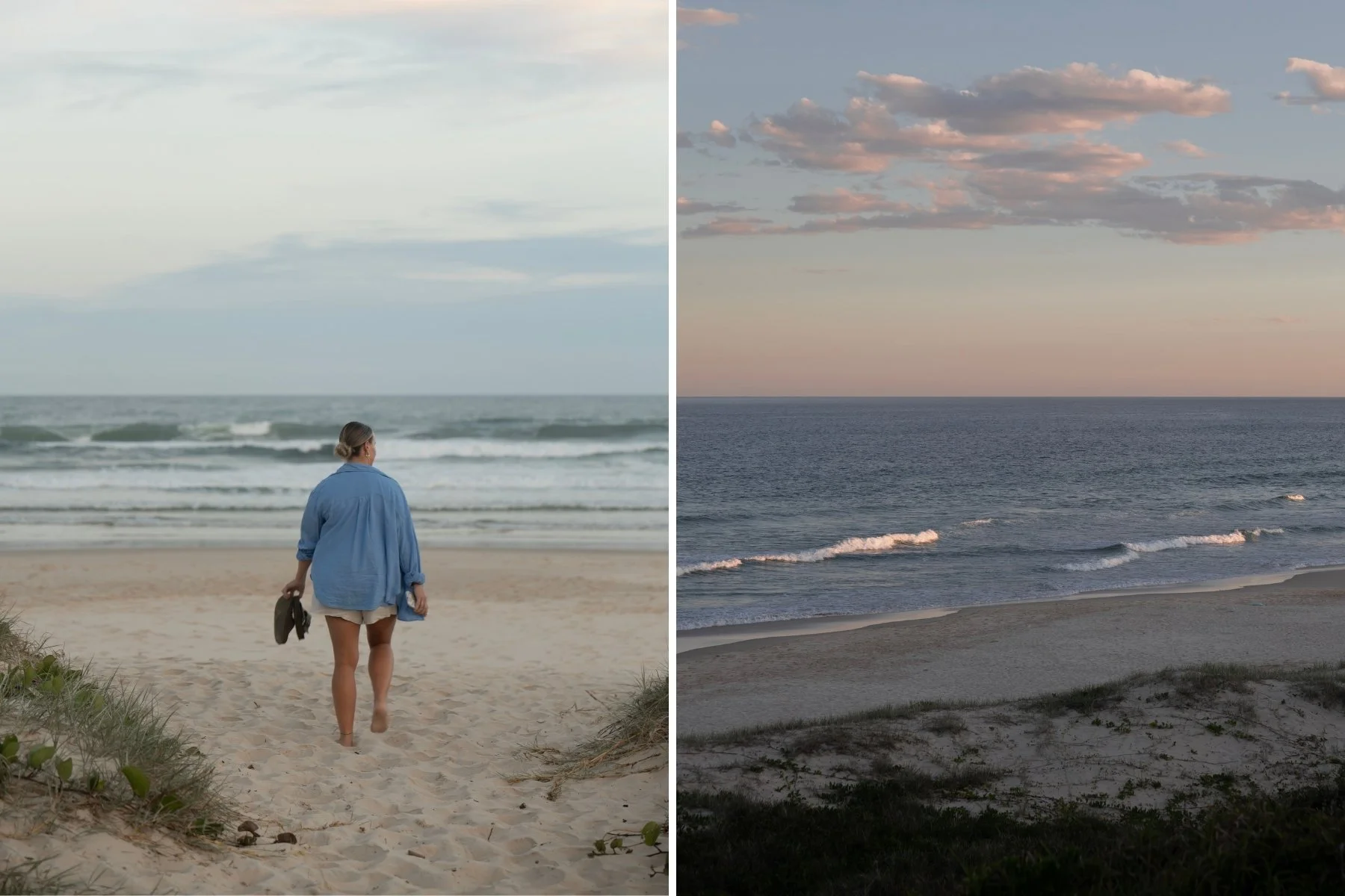 A person in a blue shirt walks on a sandy path towards the ocean carrying shoes. Beside, a serene beach at sunset with gentle waves and a pastel sky.