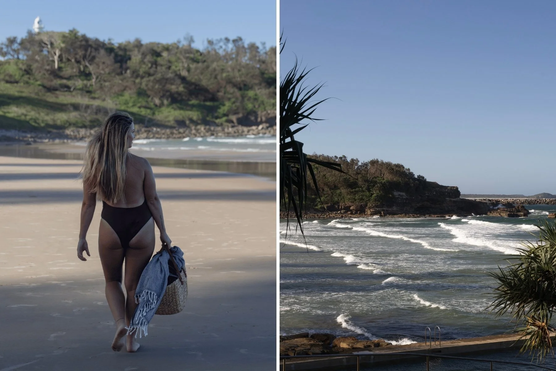 A woman in a dark swimsuit stands on rocks with a snorkel and mask in hand, then walks along main beach with a bag and towel, heading towards lighthouse under a clear sky.