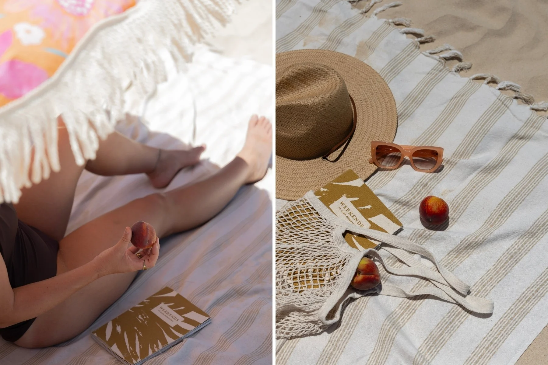 A serene beach scene shows a female relaxing on a striped towel holding a peach, with a book nearby. Beside her, a straw hat, sunglasses, peaches, and a book spill from a mesh bag to create a laid-back summer vibe.