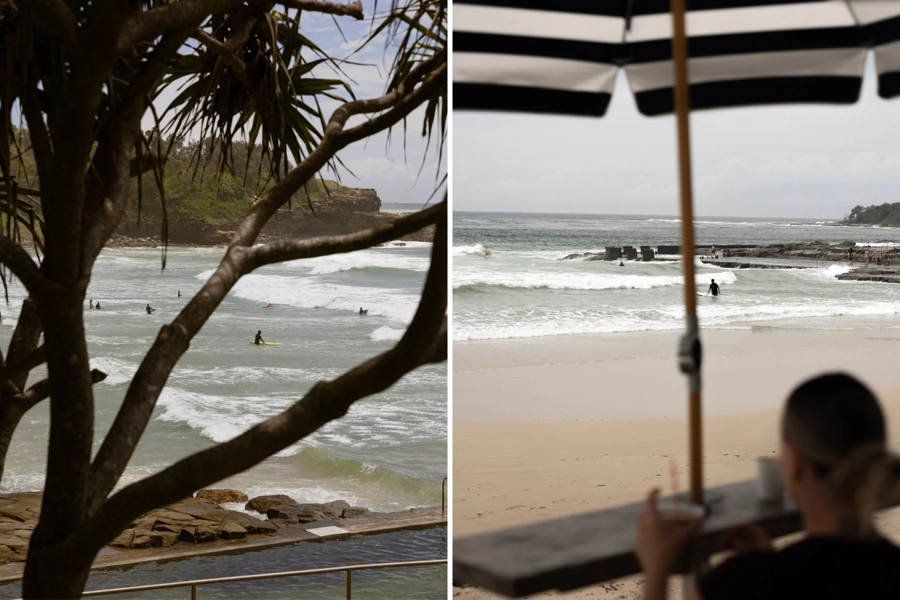 Split image of main beach: Left side shows surfers in the waves framed by tree branches. Right side features a person under a striped umbrella overlooking the shore.