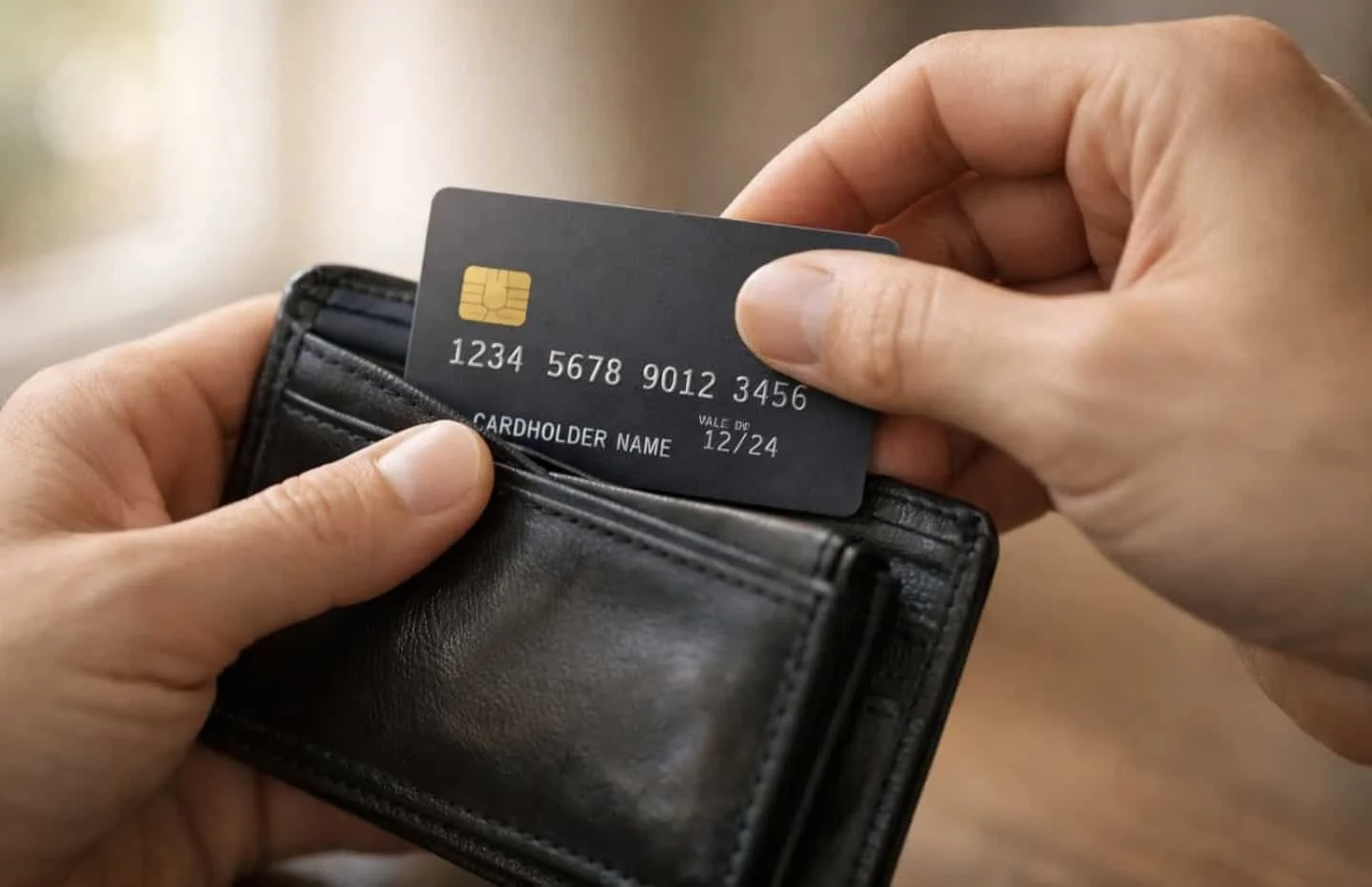 Hands placing secured credit card into wallet showing responsible credit management