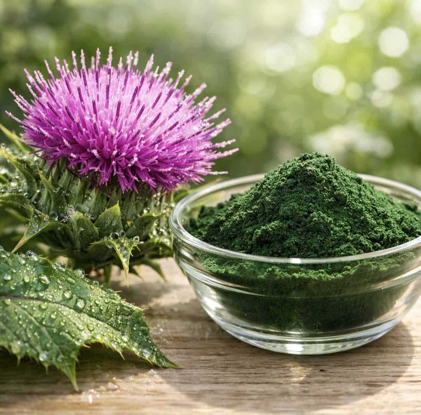 Purple milk thistle flower and green chlorella powder for liver support and natural detoxification.