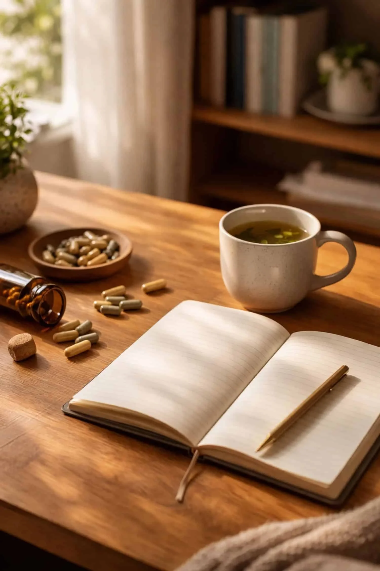 Desk with notebook, green tea, and natural cognitive supplements for brain health and mental clarity support