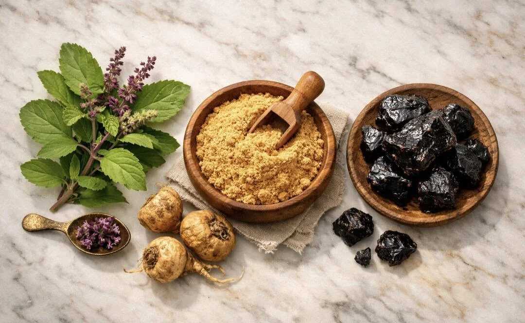 Holy Basil, Maca root, and Shilajit supplements arranged together for stress relief