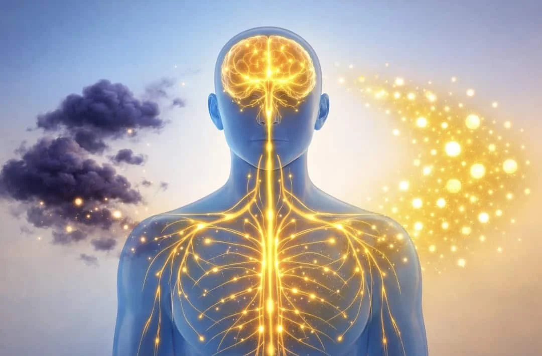 Illustration showing how Rhodiola adaptogen reduces stress and calms the nervous system naturally
