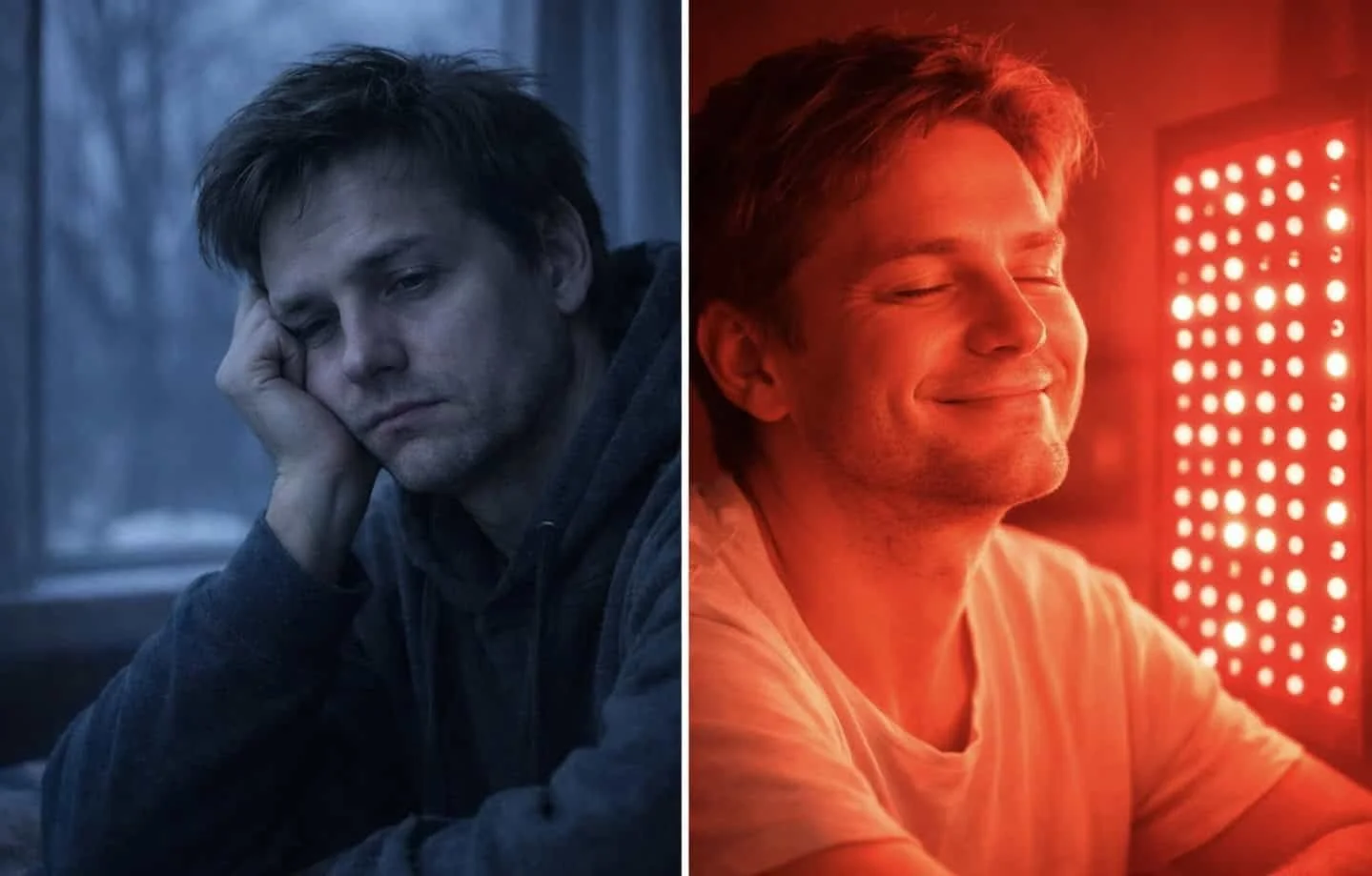 Red light therapy transforming mood and energy from winter fatigue to vitality