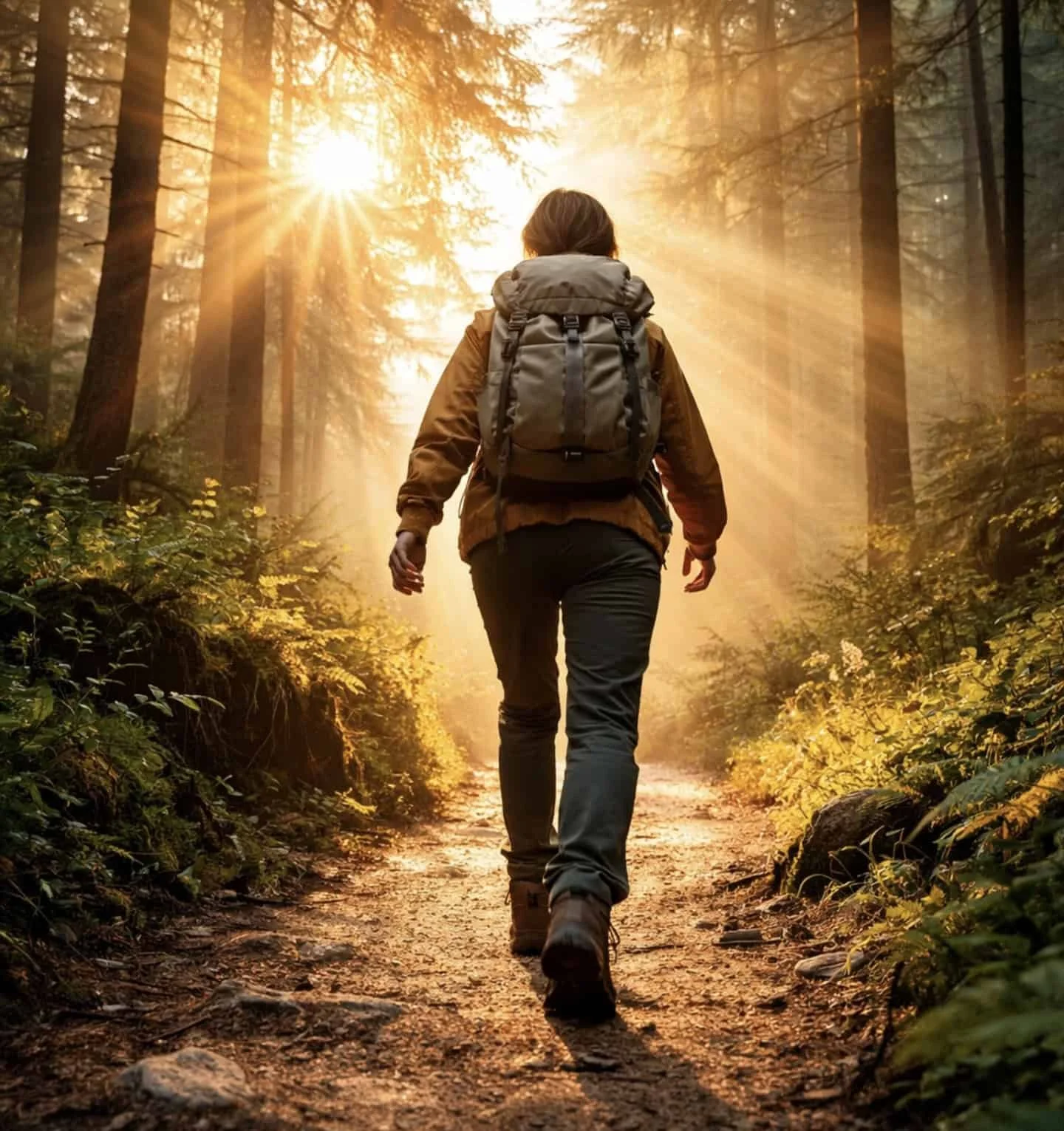 Person taking first step on sunlit forest trail symbolizing overcoming procrastination and personal growth