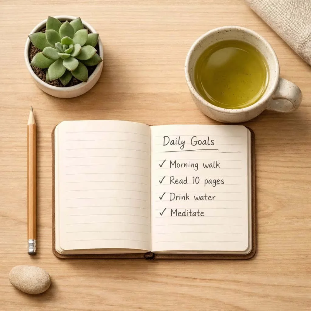 Notebook with small daily goals and checkmarks demonstrating kaizen approach to achieving life goals